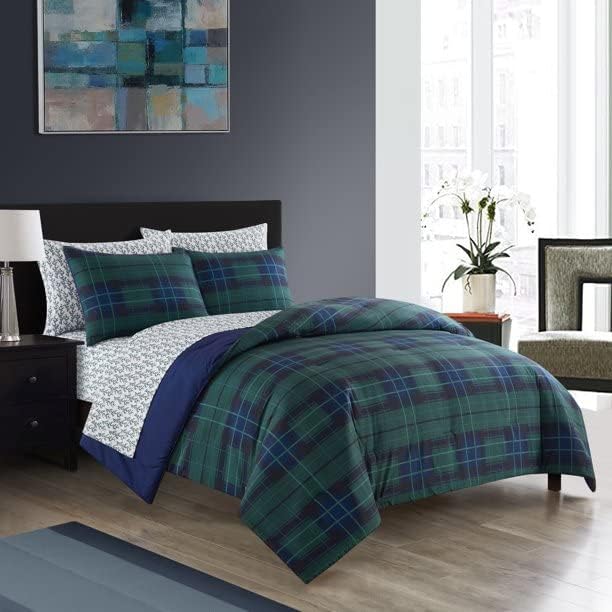Dearfoams 7 Piece Super Soft Bed in a Bag Bedding Set Blue Tartan King - Like New