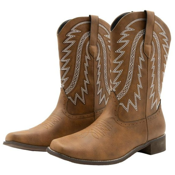 SEARCHERS MEN COWBOY SQUARE TOE EMBROIDERED WESTERN BOOT - SIZE: MEN 8.5 - BROWN - Like New