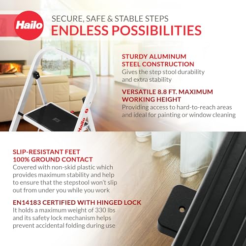 HAILO K20 3-STEP FOLDING LADDER WITH STURDY STEEL FRAME 4397-921 - SILVER - Like New