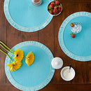 DII Woven Placemat Collection Round, 14.75" Diameter, Aqua Fringe, 6 Pieces - Brand New
