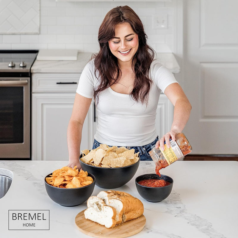 Bremel Large Black Salad Bowls with Bamboo Lids - Set of 3 - BLACK - Like New