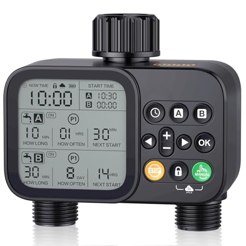 TJJFMM Sprinkler Timer for Garden Hose, 2 Outlet 8 Programmable, WT08- BLACK - Like New
