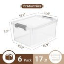 CITYLIFE 6 Packs 17 QT Plastic Storage Bins Lids Large Stackable Storage - Clear - Brand New