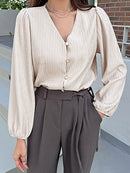 Women’s Casual Blouses V Neck Lantern Sleeve Blouse Work T Shirts ST1778 - M - Brand New