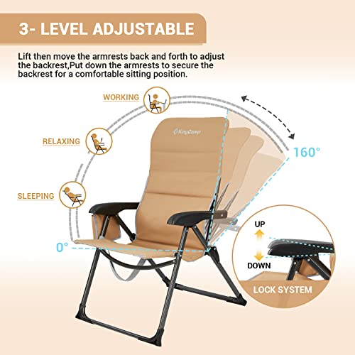 KINGCAMP RECLINING CAMPING FOLDING CHAIR PADDED LUMBAR SUPPORT - CA-1KHAKI - Brand New