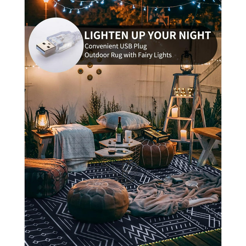 BOHO OUTDOOR RUG CARPET 8X10 FT LED STRIP LIGHTS-PATIO RUG MAT  - BLUE/WHITE - Like New