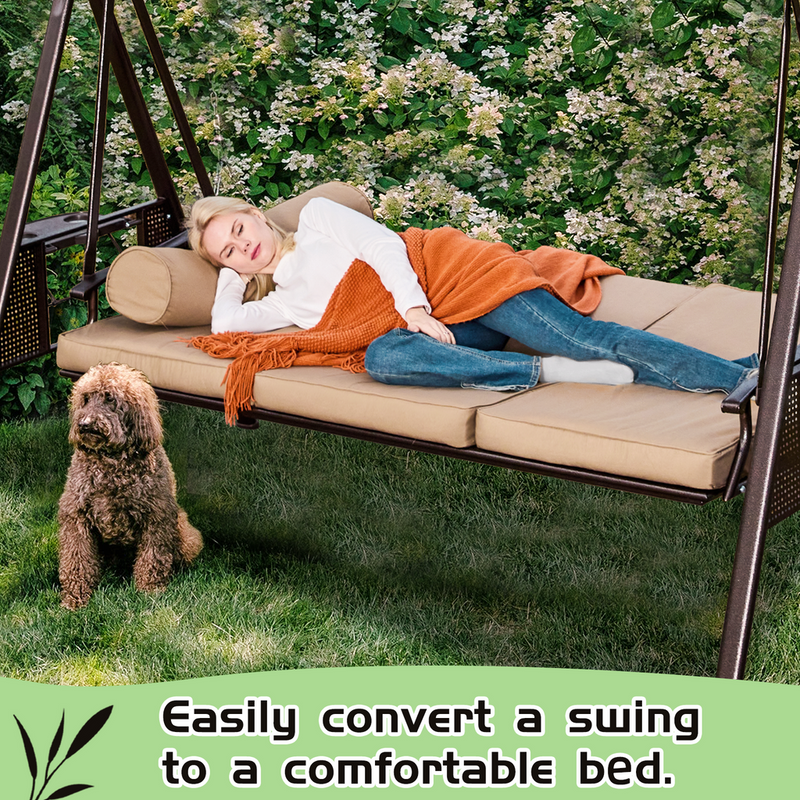 HOMREST PORCH SWING HARDTOP SUNSHADE 3 SEAT WITH 2 SIDE CUP HOLDER - KHAKI - Like New