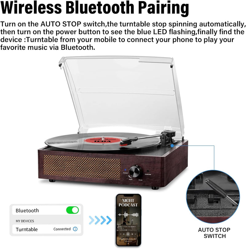 Cotsoco Bluetooth Wireless Multifunction Record Player Turntable M49A - Brown - Like New