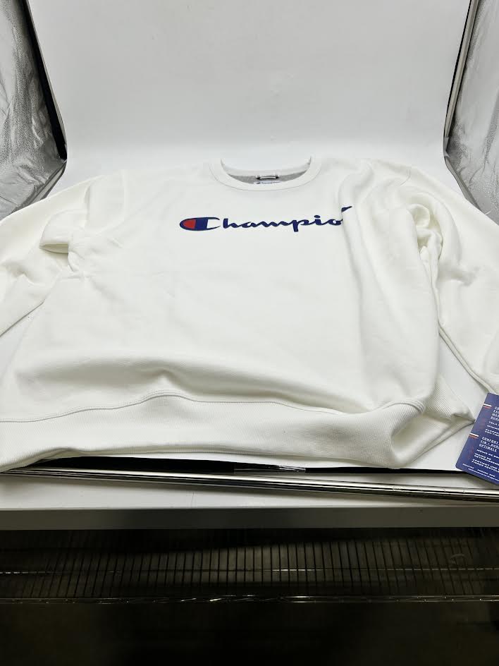 CHAMPION POWERBLEND CREWNECK SWEATSHIRT, CLASSIC SCRIPT LOGO - MEN XL - WHITE - Brand New