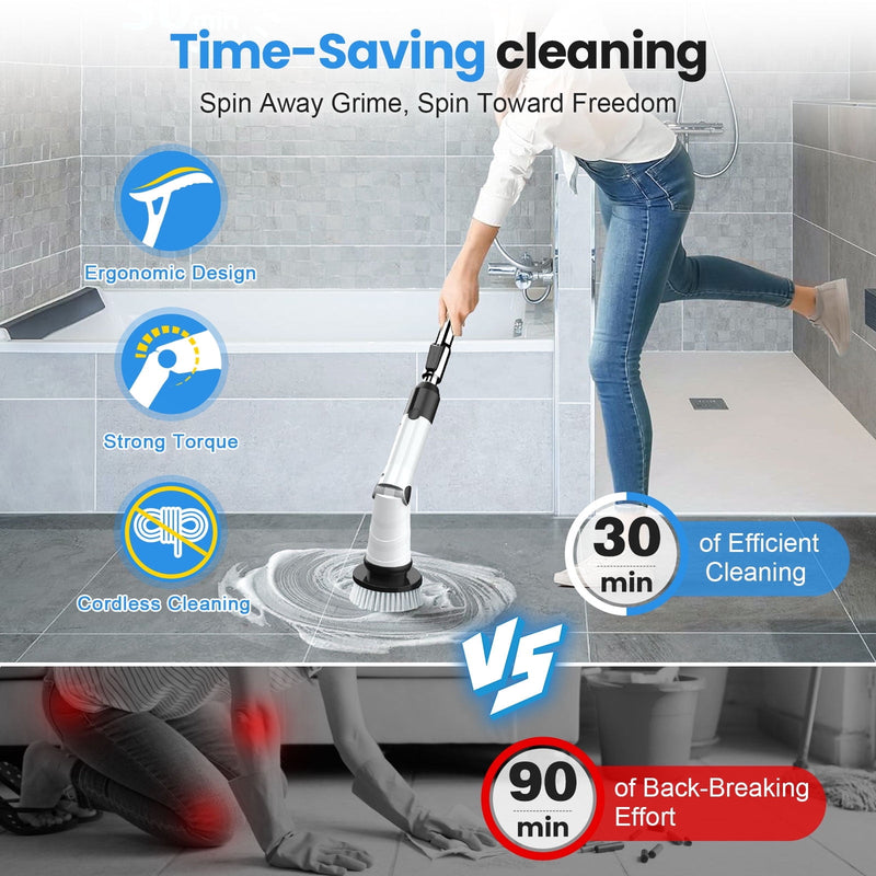 AMILUO ELECTRIC SPIN SCRUBBER, 600 RPM CORDLESS BATHROOM CLEANING BRUSH - WHITE - Like New