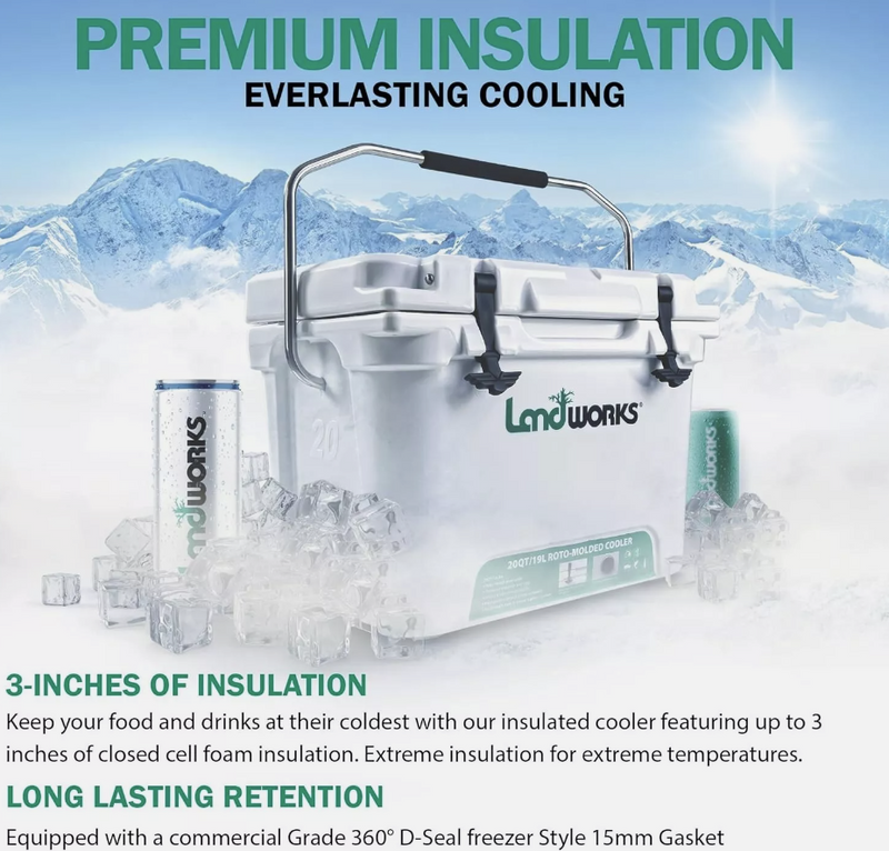 LANDWORKS ROTOMOLDED ICE COOLER 20QT (UPGRADED) UP TO 5 DAY ICE RETENTION -WHITE Like New