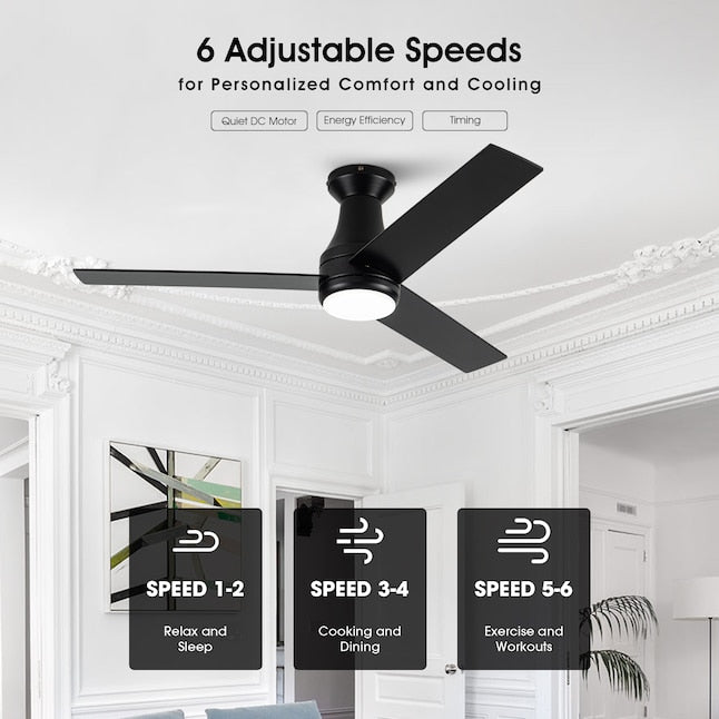 VACZON 48IN INTEGRATED LED FLUSH MOUNT CEILING FAN, 3 BLADE - BLACK - Like New