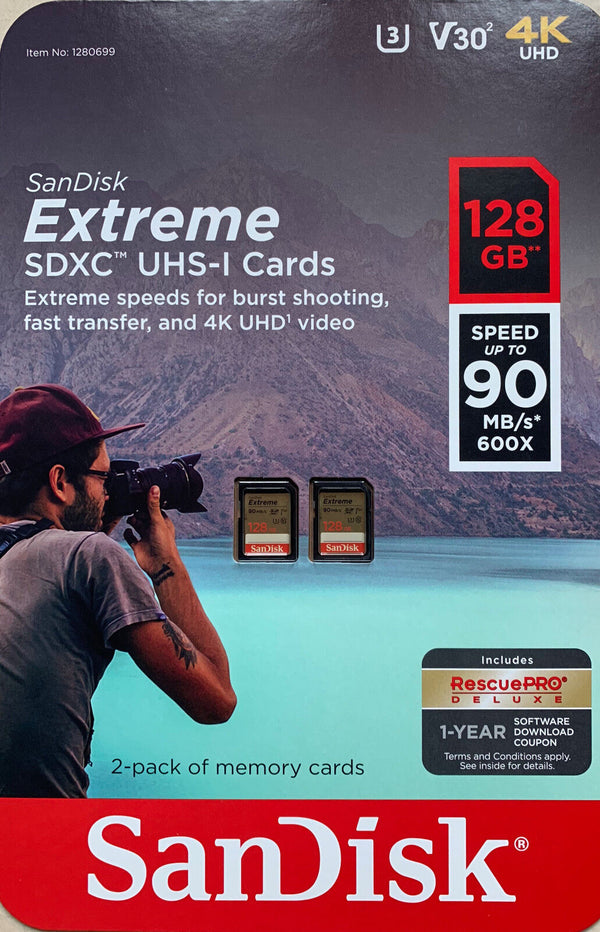 Sandisk 128GB Extreme SD Memory Card Pack of 2 - Black Like New