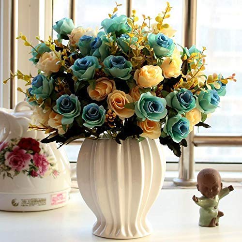 LY EMMET ARTIFICIAL ROSE BOUQUETS WITH CERAMICS VASE FAKE ROSE FLOWERS BLUE - Like New