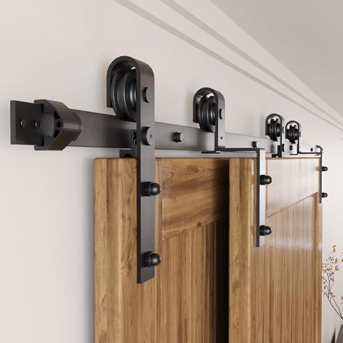 HOMACER BLACK RUSTIC SINGLE TRACK BYPASS SLIDING BARN HARDWARE KIT TWO DOORS 6FT - Like New