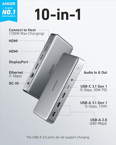 ANKER 10-IN-1 USB C DOCKING STATION DISPLAYLINK DOCKING STATION DUAL HDMI - Like New