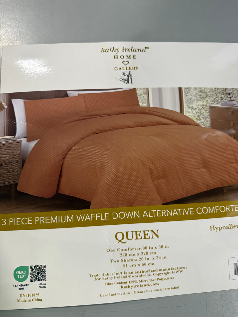 KATHY IRELAND 3 PIECE PREMIUM WAFFLE DOWN ALTERNATIVE COMFORTER SET QUEEN BROWN - Like New