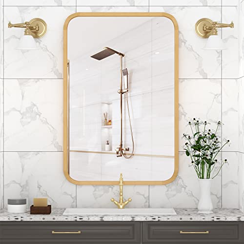 FUWU HOME WOOD BATHROOM MIRROR 20" X 30" FARMHOUSE ROUNDED CORNER - NATURAL - Like New