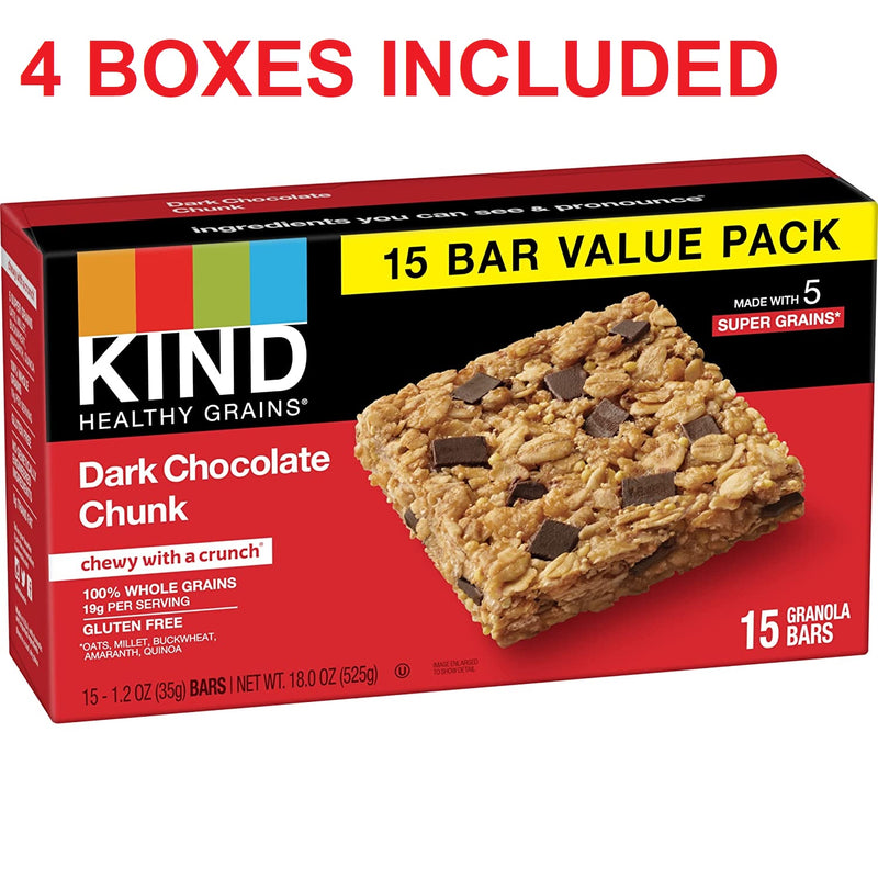 KIND Healthy Grains Dark Chocolate Chunk Gluten Free 15 Bar/Pack - 4 Pack Brand New