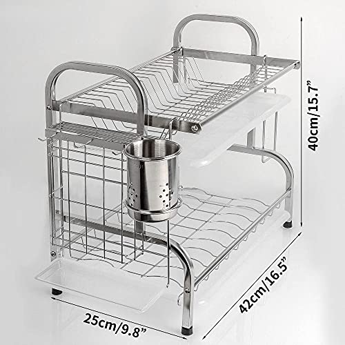 BLCNZLORY DISH DRYING RACK 2 TIER BOWL PLATE DISH DRAINER DRYING RACK - SILVER - Like New