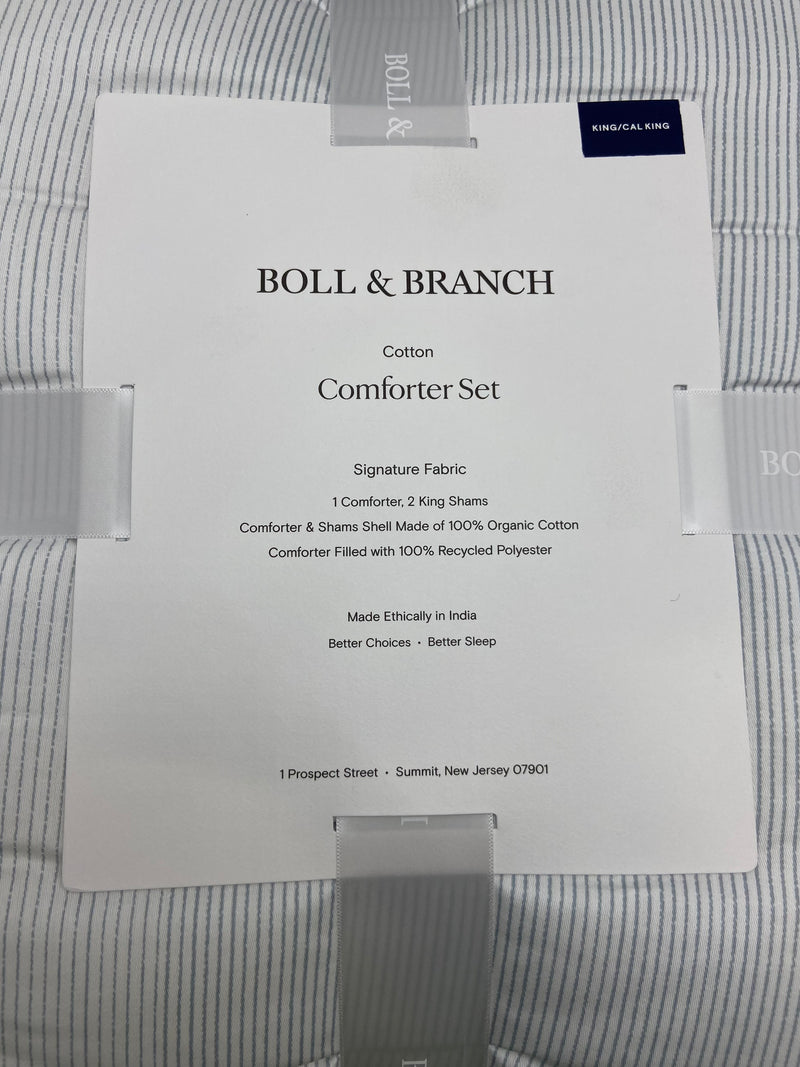 BOLL & BRANCH KING/CAL KING SIGNATURE COMFORTER SETS - FINE STRIPE WHITE/SHORE - Like New