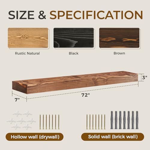 YLYHSST 72" FIREPLACE MANTEL, 3" THICK HANDMADE RUSTIC SOLID WOOD - BROWN - Like New