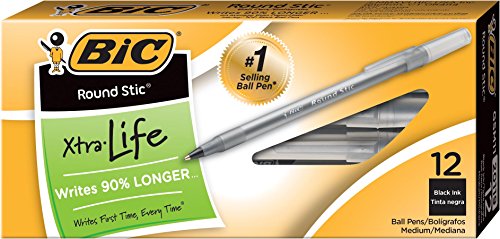 BIC ROUND STIC XTRA LIFE BALLPOINT PEN, MEDIUM POINT (1.0MM), 12-COUNT - BLACK - Like New