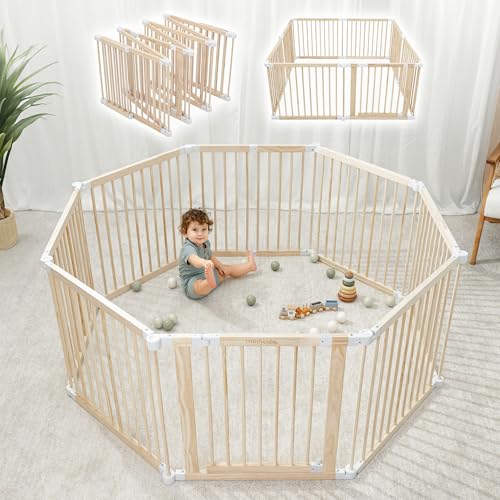 Comfy Cubs Baby Gate Playpen - 57 x 57 x 25 in, Extends Up to 228” - Pine Wood - Like New
