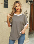 TEWMEU WOMEN 2024 SUMMER PLEATED SHIRTS COLOR BLOCK TRENDY TOPS M - KHAKI - Brand New