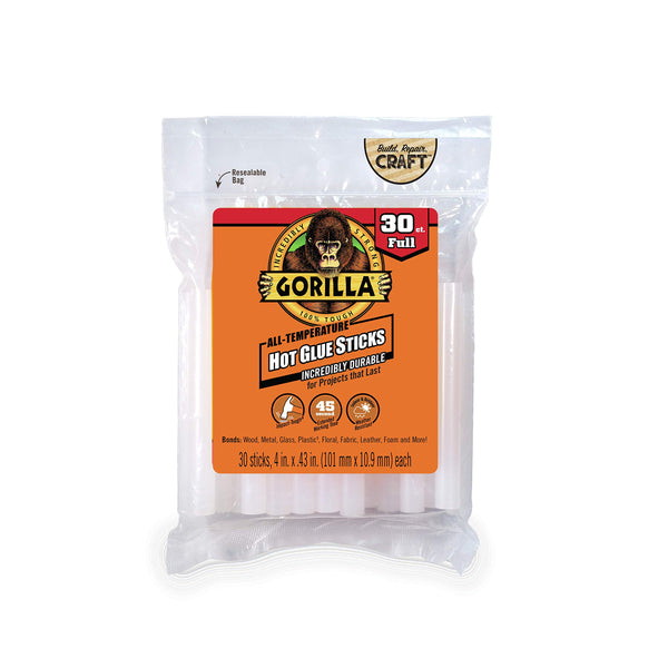 GORILLA HOT GLUE STICKS, FULL SIZE, 4" LONG X .43" DIAMETER, 30 COUNT - CLEAR - Brand New