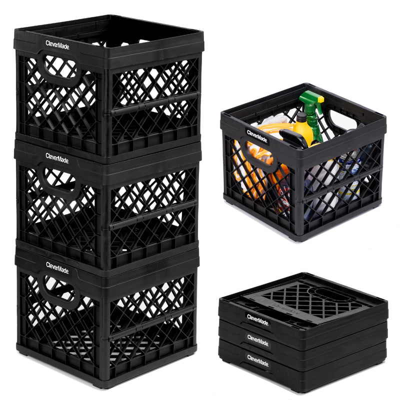 CLEVERMADE COLLAPSIBLE 25L (6 GAL) STACKABLE STORAGE BINS 8034174 - BLACK - Like New