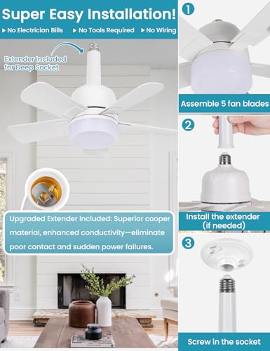 MATULSA SOCKET FAN LIGHT REMOTE SMALL CEILING FAN LIGHTS 1000LM Dimmable - WHITE - Like New