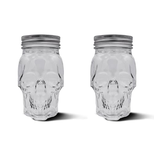 DURA LIVING Set of 2 Skull Mason Jar Glasses with Lids | 16oz - Like New