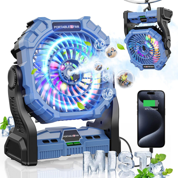 BAIWU PORTABLE MISTING FAN WITH RGB LIGHT, RECHARGEABLE BATTERY, TIMER, HOOK - Like New