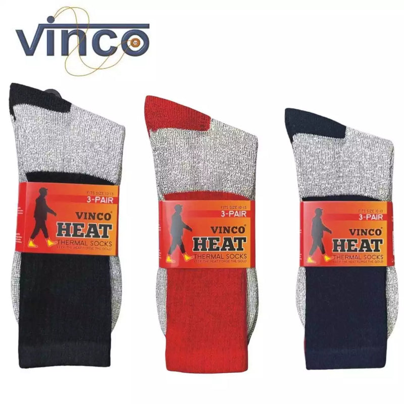 VINCO SOCKS 6 PAIRS MENS HEATED THERMAL CREW HEAVY DUTY 10-13 - RED/BLUE/BLACK - Brand New