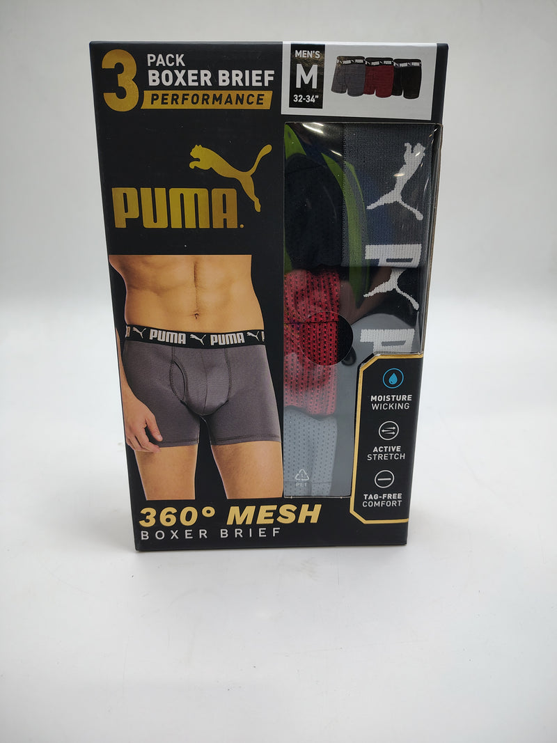 PUMA 3 PACK BOXER BRIEF PERFORMANCE 360 MESH DRYCELL - SIZE: M - RED/BLACK/GRAY - Brand New