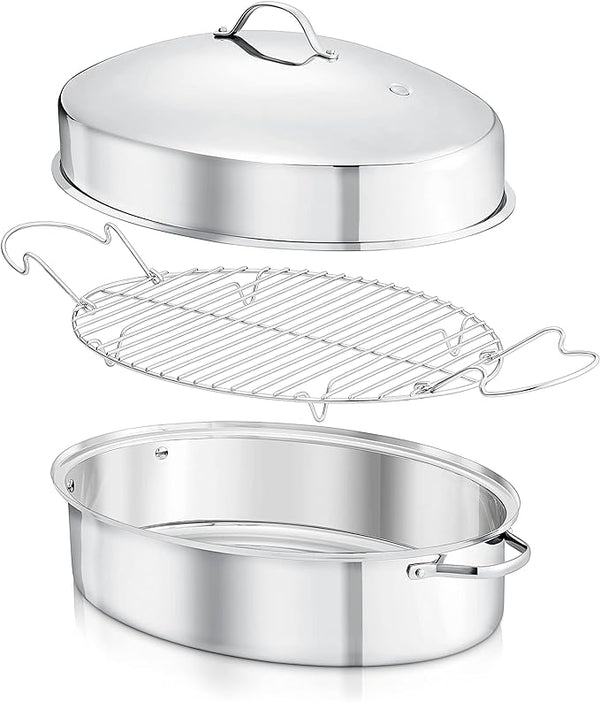 NutriChef Oval Roasting Pan Roaster Polished Rack NCOAVL99 - STAINLESS STEEL Like New