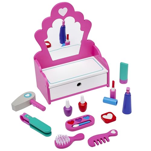 ROSEART WOODEN FASHION VANITY PLAY SET, 12 PIECE PRETEND PLAY HAIR - MULTICOLOR - Like New