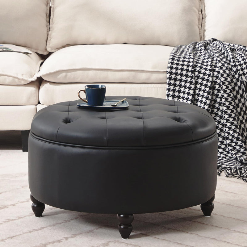IMMULIZE 30" Ottoman Modern Button Circle Storage Coffee PU Leather - BLACK - Like New
