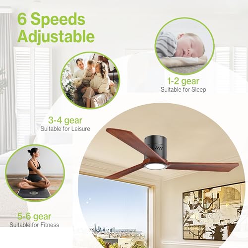 DAMINY Natural Solid Wood 52" Ceiling Fan Light, 3 Blades, 6CCT, Black Walnut - Like New