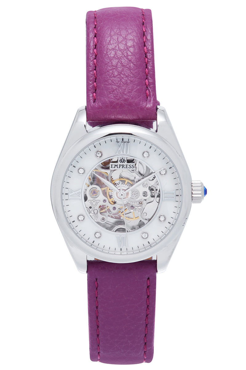 EMPRESS MAGNOLIA AUTOMATIC MOP SKELETON DIAL LEATHER-BAND WATCH - PURPLE - Like New