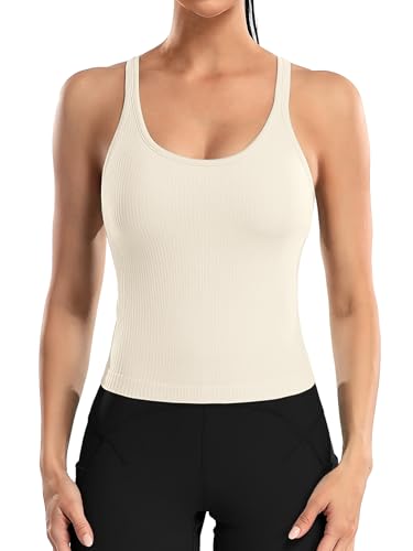 ATTRACO WOMEN RIBBED WORKOUT CROP TOPS WITH BUILT IN BRA TIGHT FIT - SIZE MEDIUM - Brand New