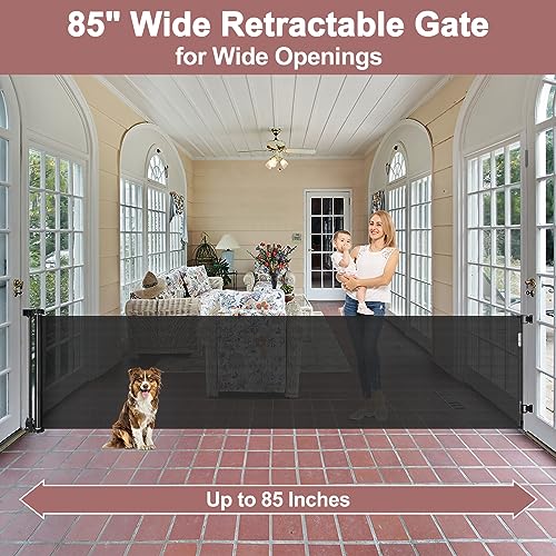 ‎KISKIZ 85 INCH WIDE RETRACTABLE MESH BABY DOG GATE EXTRA LONG OPENINGS - BLACK - Like New