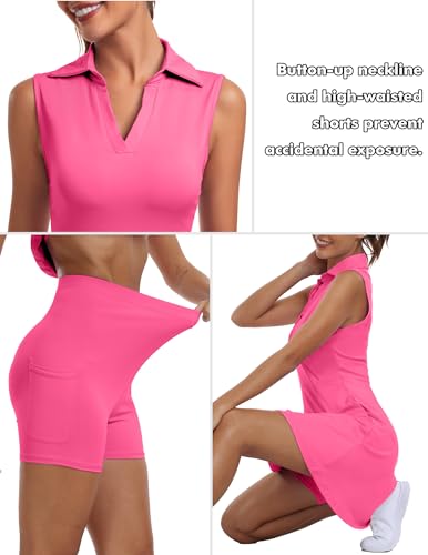 FKEEP Women's Golf Tennis Dress V-Neck with Shorts and Pocket Carrie Neon Pink S - Like New