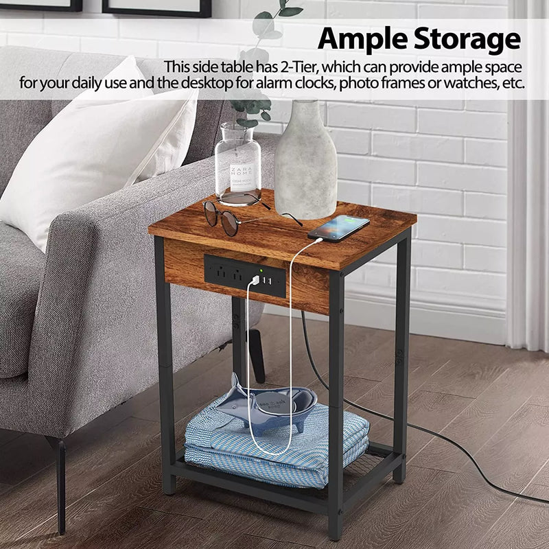 CADUKE 2PACK 2-TIER HEAVY DUTY NIGHTSTAND CHARGING STATION USB PORT - BROWN - Like New