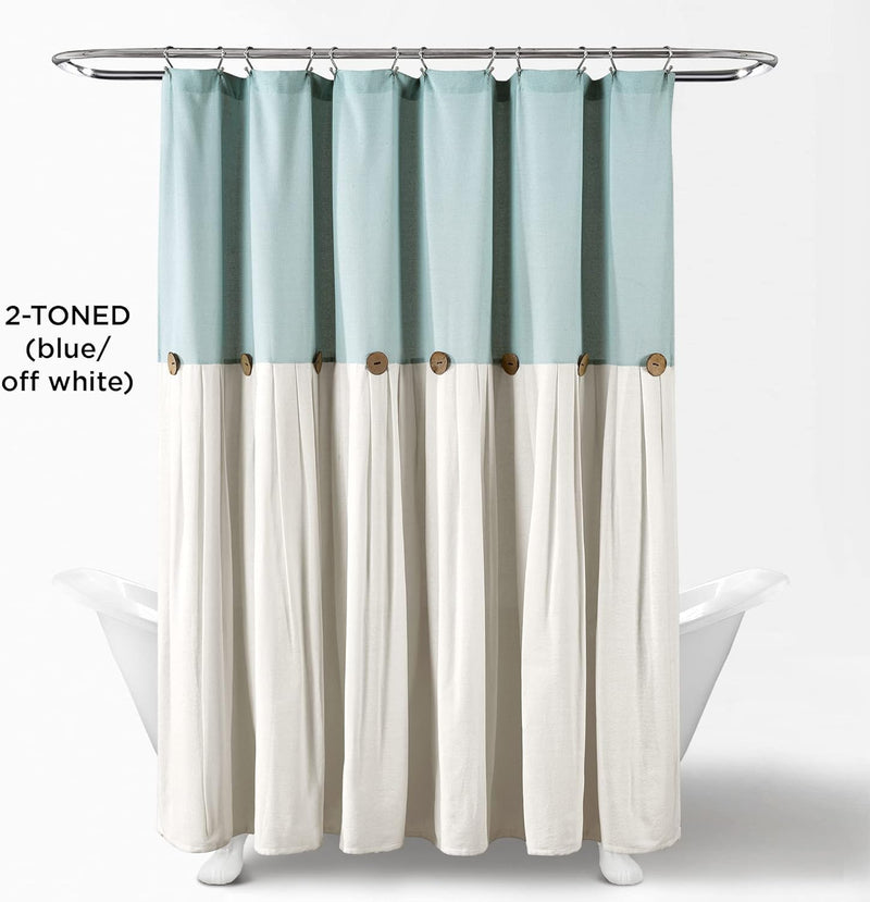 LUSH DECOR SHOWER CURTAIN, COCONUT BUTTON DETAIL (72” X 72”) - BLUE/OFF WHITE - Brand New