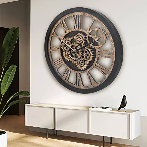 HOIBAI WALL CLOCK LIVING ROOM DECOR LARGE 24" IN 60CM MOVING GEAR RETRO BLACK - Like New