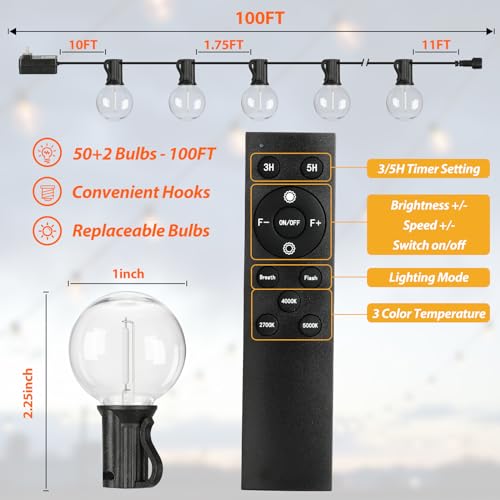 HANDWELL 100FT OUTDOOR G40 LED GLOBE STRING LIGHTS, BW PARTY, HW-CMPC-O50XA-BLK - Like New