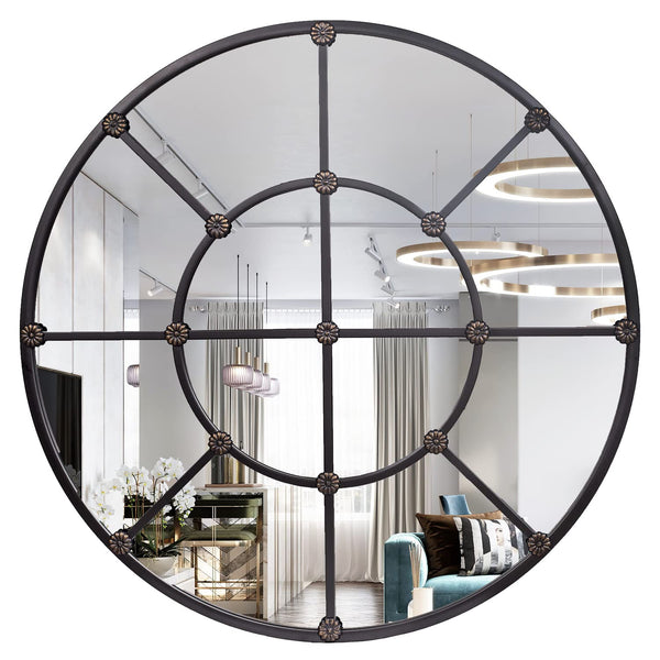 GIFTTROVE LARGE DECORATIVE BLACK GRID ROUND METAL FRAMED MIRROR 35" - BLACK - Like New