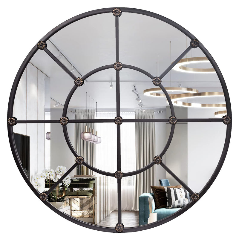 GIFTTROVE LARGE DECORATIVE BLACK GRID ROUND METAL FRAMED MIRROR 35" - BLACK - Like New